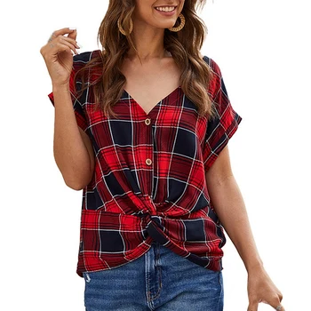 

Summer Fashion Casual Plaid Shirt V-Neck Plaid Loose Wild Top