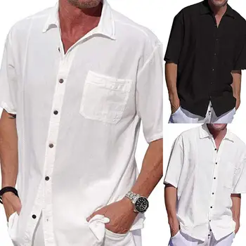 

Men Shirts Summer Shirt Men Solid Color Linen Short Sleeve Shirt Summer Button Turn Down Collar Top