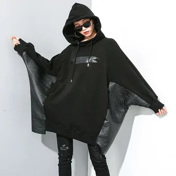 

Women Winter Black Batwing Sleeve Hooded Sweatshirts Coat Spliced PU Hoodie Dress Fashion Hip Hop Streetwear Loose Hoodies 2019