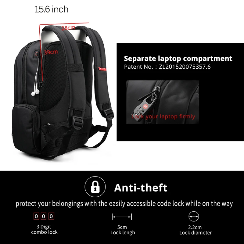 Tigernu 15 6 дюймов 27L USB зарядка Противоугонная Водонепроницаемая нейлоновая Mochila