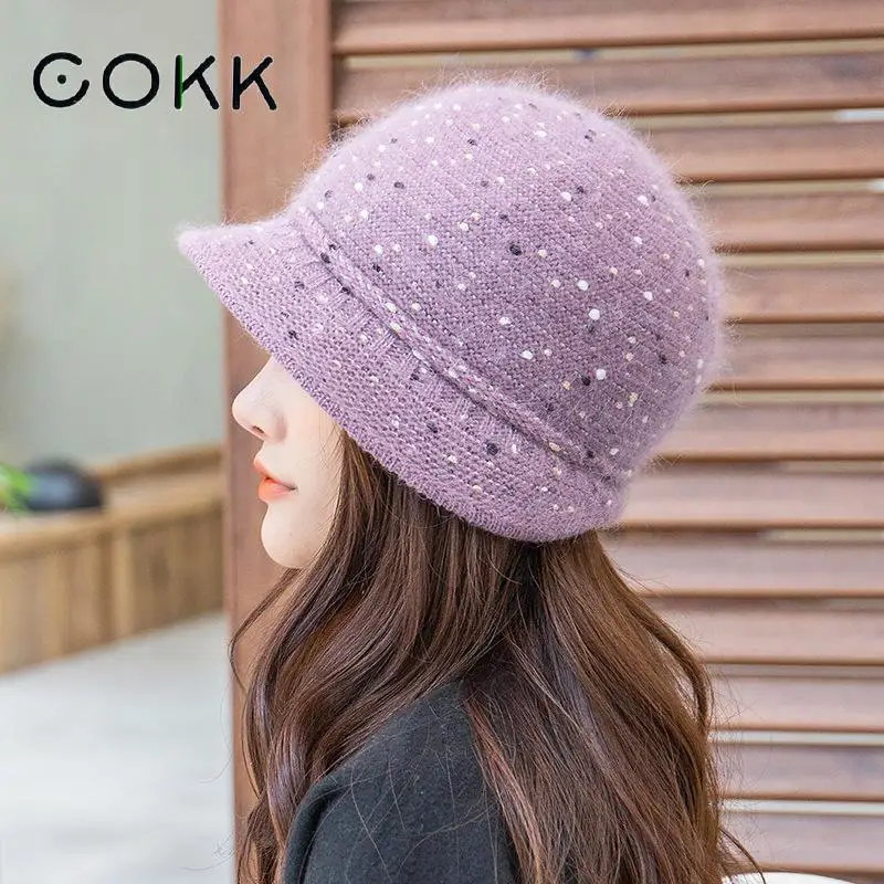 

COKK Hat Women Winter Beanie Ear Protection Plush Velvet Thick Warm Knitted Rabbit Fur Bonnet With Brim Mother Winter Cap Gorros