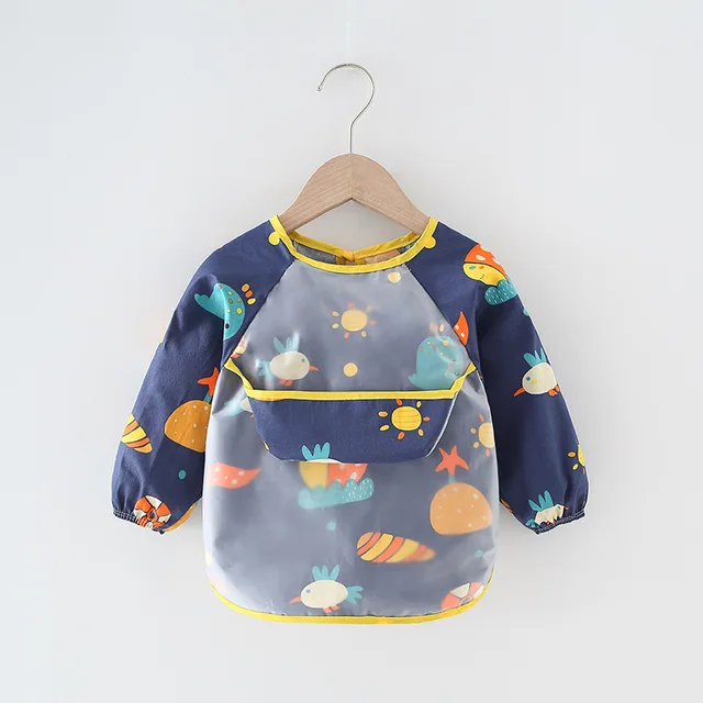 Baby Bib Waterproof Apron Long Sleeve Art Smock for Kids Baby Stuff Chest Protection Feeding Bibs dark blue earth