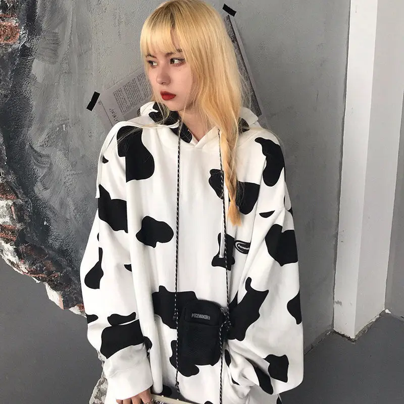

Cute Cow Printed Hoodies Women Winter Autumn 2020 Thin Streetwear Hoodie Tops Tracksuit High Quality Loose Womens Clothing Coat