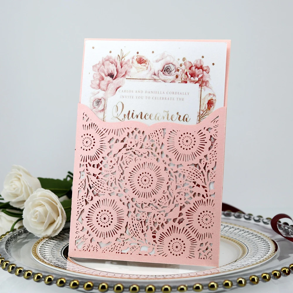  10 sets Laser Cut Hollow Flower Shape Card Romantic Wedding Invitations Birthday Party Decoration S - 4.00029E+12