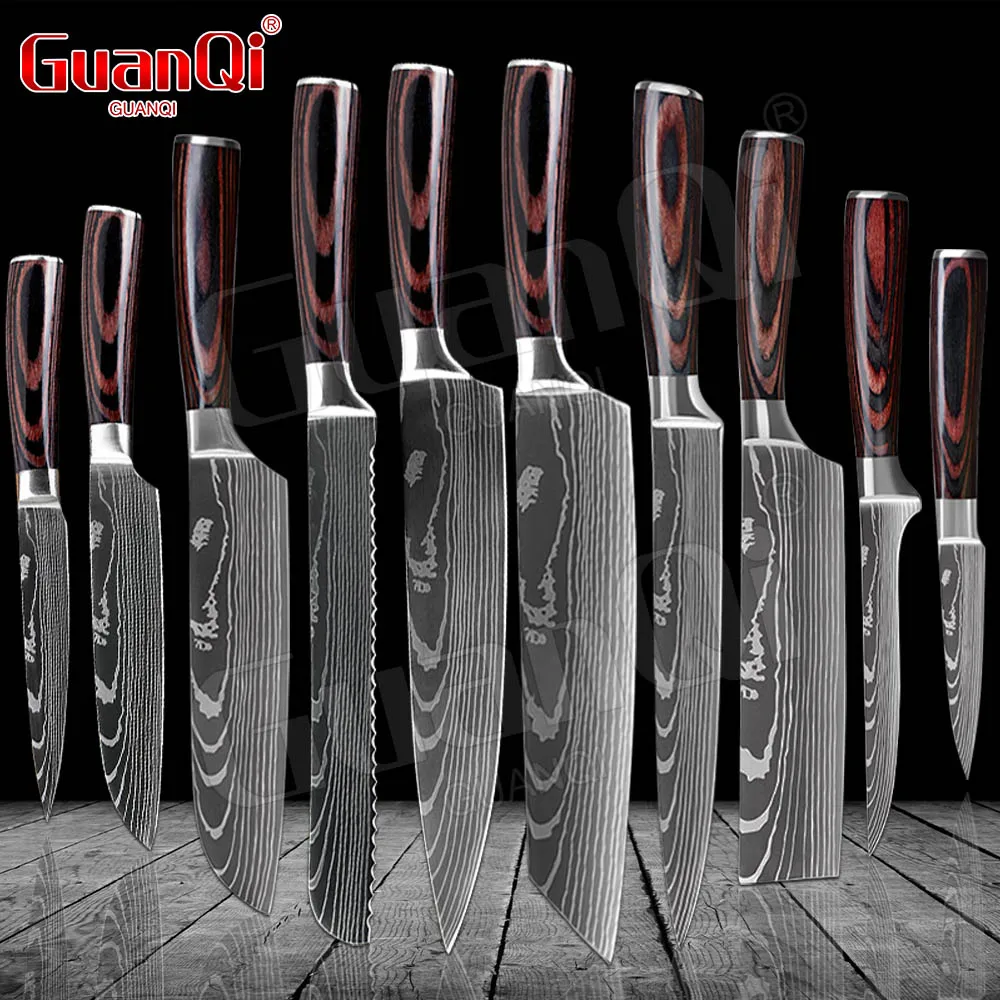 Professional Kitchen Knives Sets Sharp Cleaver Slicing Knife Wood Handle Cooking Tool Laser Damascus Pattern knives knives set