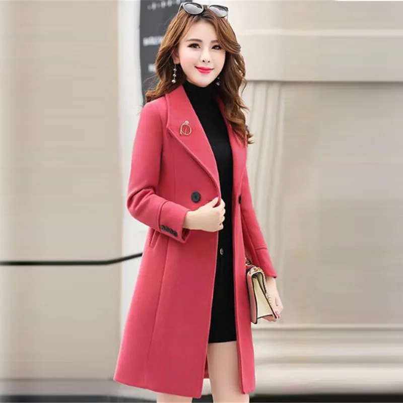 rose Red Новое плотное шерстяное пальто Женская весенне-осенняя тонкая шерстяная куртка большого размера сплошной цветной лацкан средней длины парка для отдыха K1303 - Цвет: rose Red
