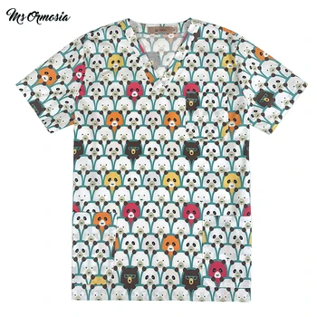 

New Little bear Printing scrub tops hospital doctor surgical men women cotton gray medical uniforms nursing clothes spa uniform