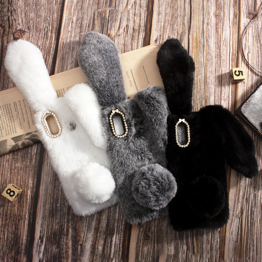 Phone Case For Samsung A70 A50 A30 A10 3D Rabbit Hairy Warm Winter Fur Bling Rhinestone Plush Cover for Galaxy A20 A40 A60 Cases |