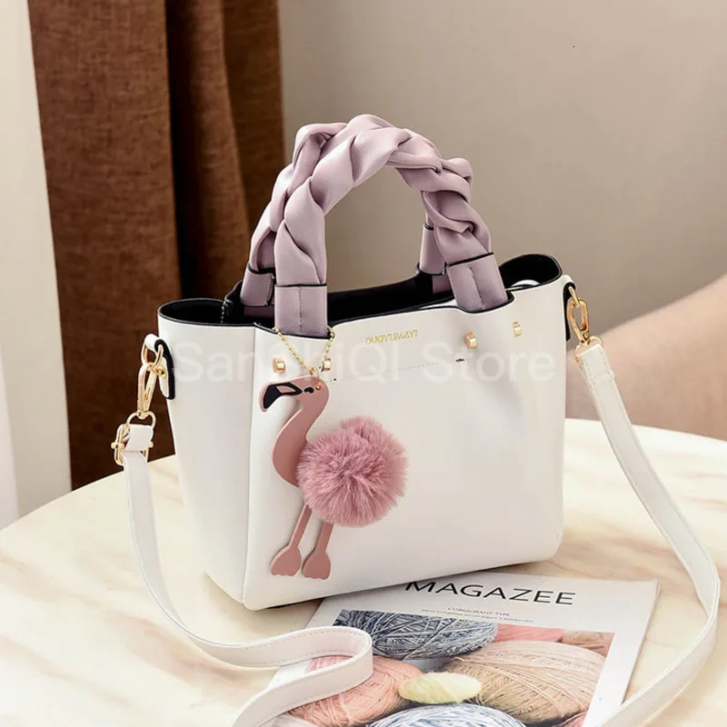 

Handbag Women Shoulder Bag Pu Leather Fashion Flamingo Hairball Tote Messenger Bag Luxury Designer Bolsa Feminina Bolsos Mujer