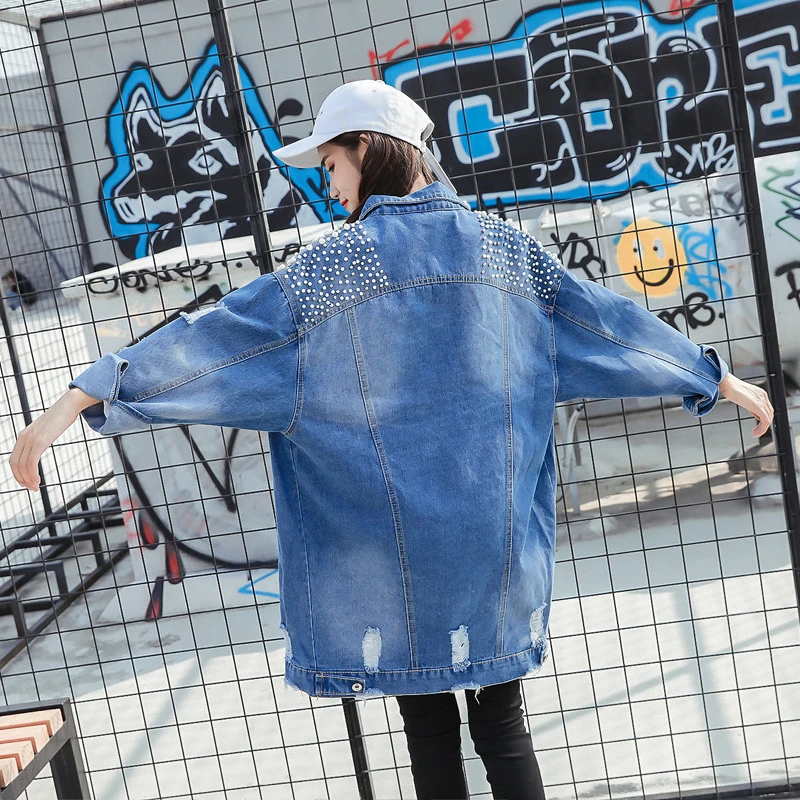 Best  YOCALOR Fashion Loose Beading Hole Washed Denim Jeans Jacket Women Chaqueta Mujer Streetwear Autumn