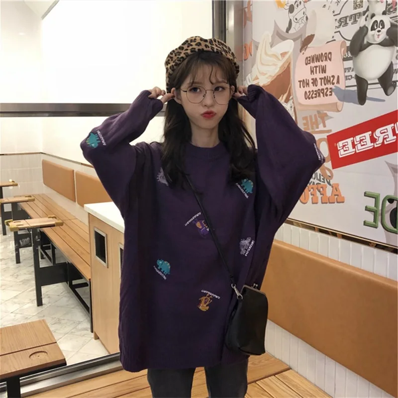 

Early Autumn Loose Pullover Women's round Neck Korean-Style Slim Funny Embroidery Student Long-Sleeve Knitwear