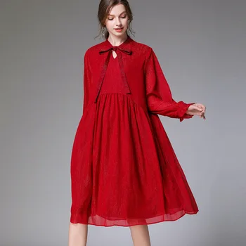 

2020 Spring Large Sixe 4XL Women's Chiffon Loose Dress Bow Neck Women Black Elegant Party Dresses Midi Vestidos Femme