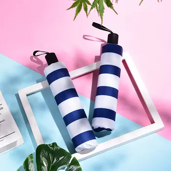 

Blue Stripe Folding Umbrella UV Protection Parasol for Beach Garden