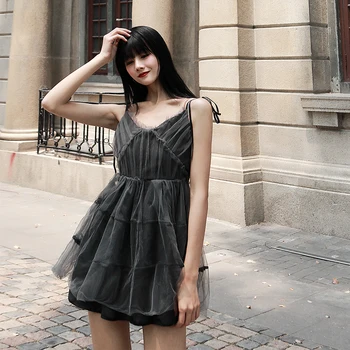 

LANMREM 2020 dark gray gauze sleeveless sexy dresses famale summer tide French classic fairy dresses v collar bandage YJ44701