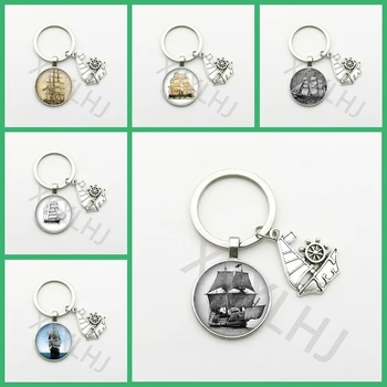 

2020 Vintage Sailing Boat Ship Patterns Keychain Round Glass Keyring Dome Demo Flat Making Findings Gifts for Men Charm Bag