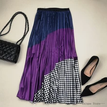 Модная плиссированная юбка с высокой талией в стиле пэчворк, весенне-осенние Юбки-миди, Женская юбка с эластичной резинкой на талии, трапециевидные длинные юбки faldas