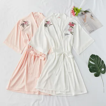 

Embroidery Flower Bride Bridesmaid Wedding Robe Novelty Satin Sexy Sleepwear Nightgown V-neck Intimate Lingerie Kimono Gown