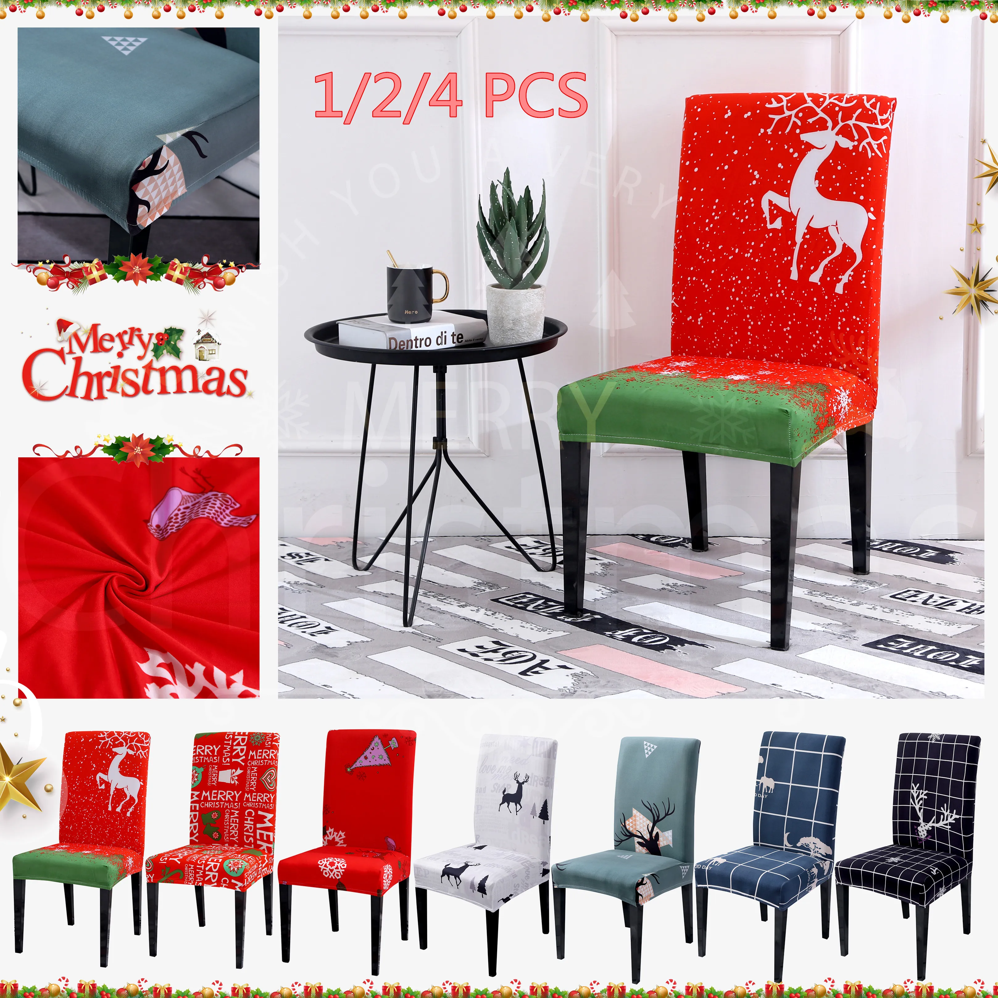 

1/2/4 pcs Christmas Chair Covers Elastic Dining Room Seat Christmas Chair Cover Stretch Slipcovers Christmas Banquet Party Decor