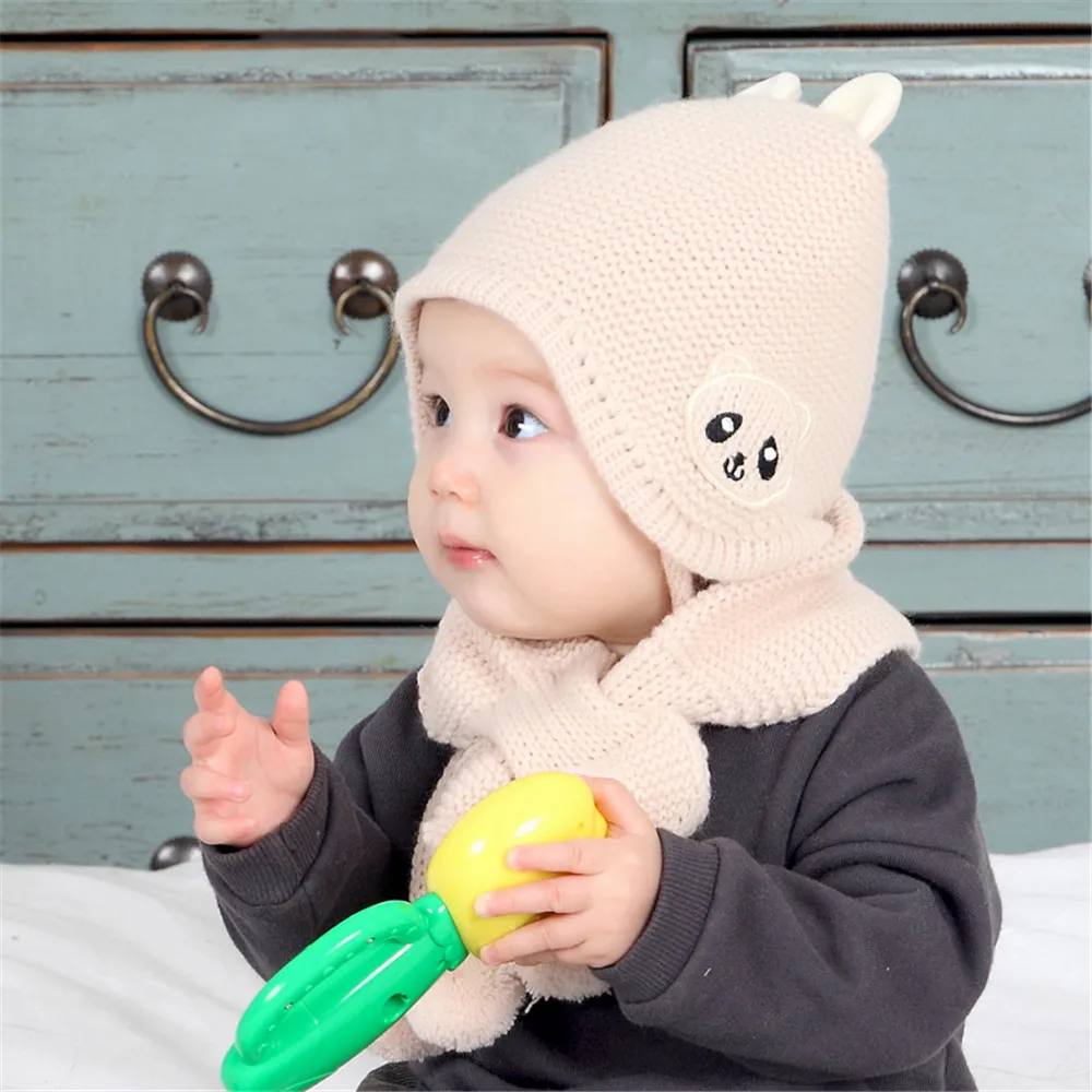 Beige Комплект из 2 предметов, зимняя детская шапка, шарф, унисекс, детская вязаная шапка, одноцветные шапочки, skullies, уличная теплая шапка, шапки для маленьких девочек - Цвет: Beige