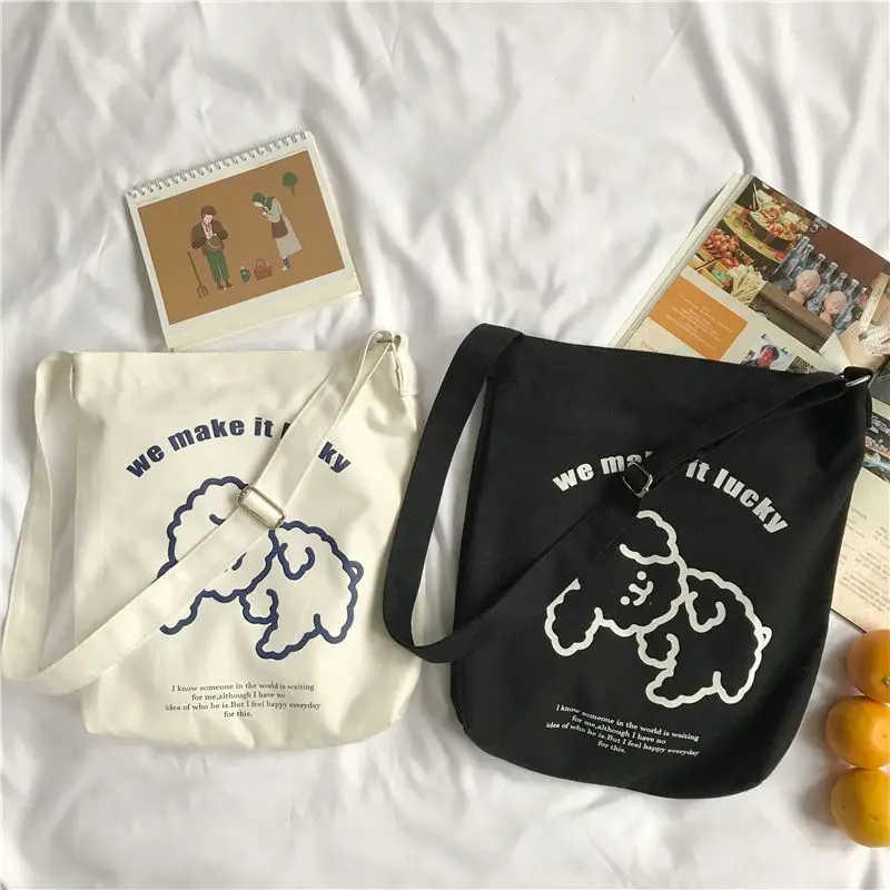 

New Cotton Canvas Women Shoulder Bag Cute Dog Teenager Girls Crossbody Book Bags Large Capacity Female Shopping Bags Casual Tote