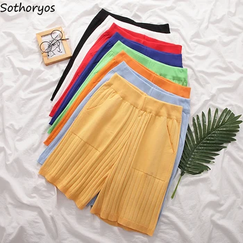

Shorts Women High-waist Summer Wide-leg Candy Colors Loose Casual Knitted Slim Korean Style Pockets Intimate Comfortable Solid