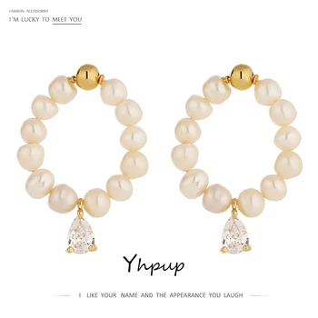 

Yhpup Elegant Natural Pearl Geometric Drop Earrings Delicate Cubic Zirconia Copper Earrings Jewelry Party Gift бижутерия 2020
