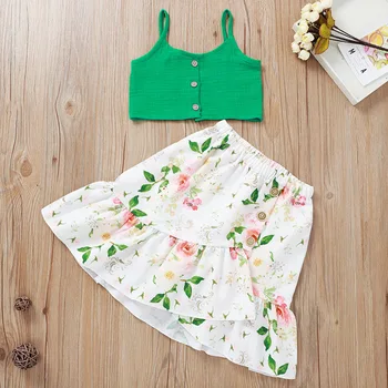 

2020 Summer Children Sets Casual Strap Single Breasted Green Solid Tops Print Floral Long Skirt 2Pcs Girls Clothes Sets 1-5T