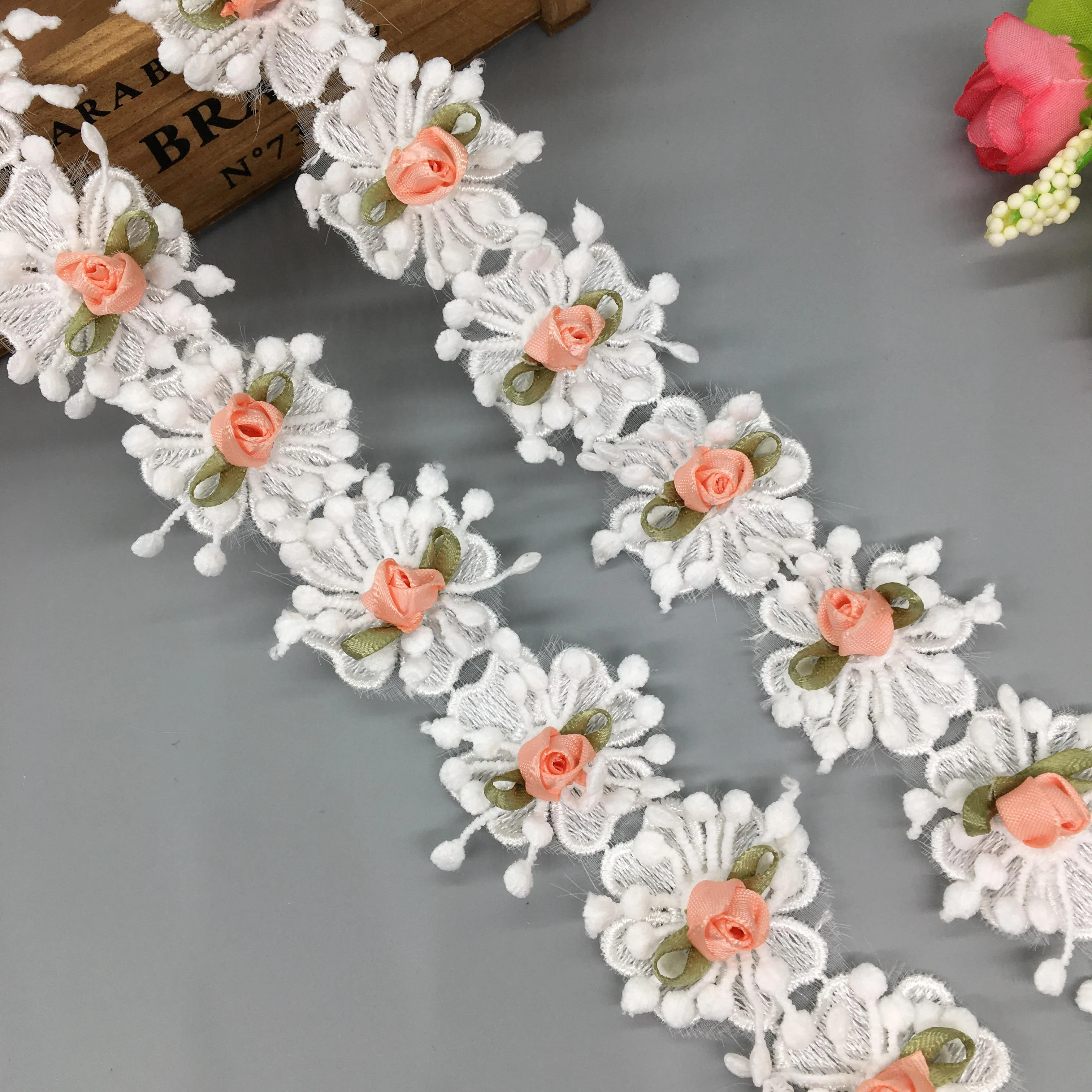1 Yard 3D Flowers Lace Trim Embroidered Ribbon Applique Wedding Sewing Craft 