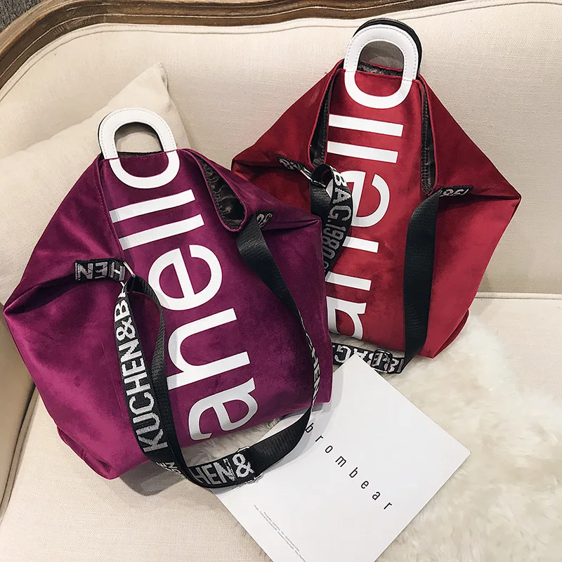 

JIULIN Autumn and winter gold velvet large capacity tote bag letter shopping bag single shoulder oblique span women's bag