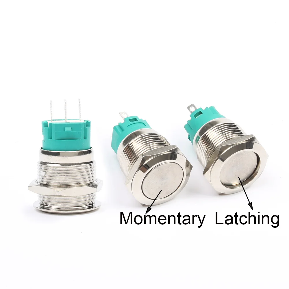 

19mm New NO LED3pin Latching self-Locking Momentary self-Reset Metal Push Button Switch Flat Head Waterproof Auto Eng Green base