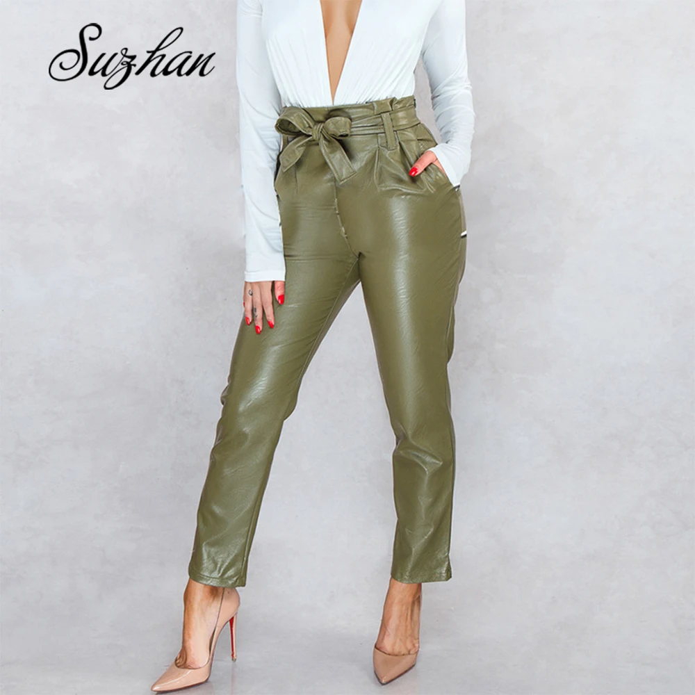 Suzhan, женские брюки-карандаш с высокой талией, из искусственной кожи пу, с поясом, длинные брюки, повседневные сексуальные женские осенние облегающие брюки