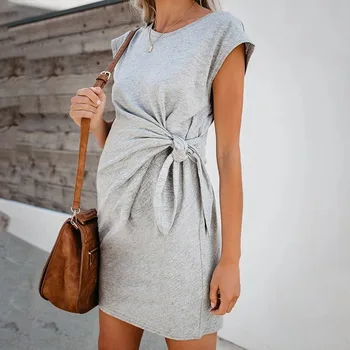 

2020 Popular Pure Color Tie-in Waist Pregnant Women's Dress Soft And Comfortable Cotton Spot Vestidos Gestante Pregnancy Dress