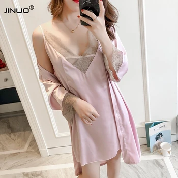 

JINUO Ladies Satin Nightgown Nightdress Bathrobe Pajamas Pijama Lingerie Sleepwear Set 2pcs Women Sexy Lace Robe Sets