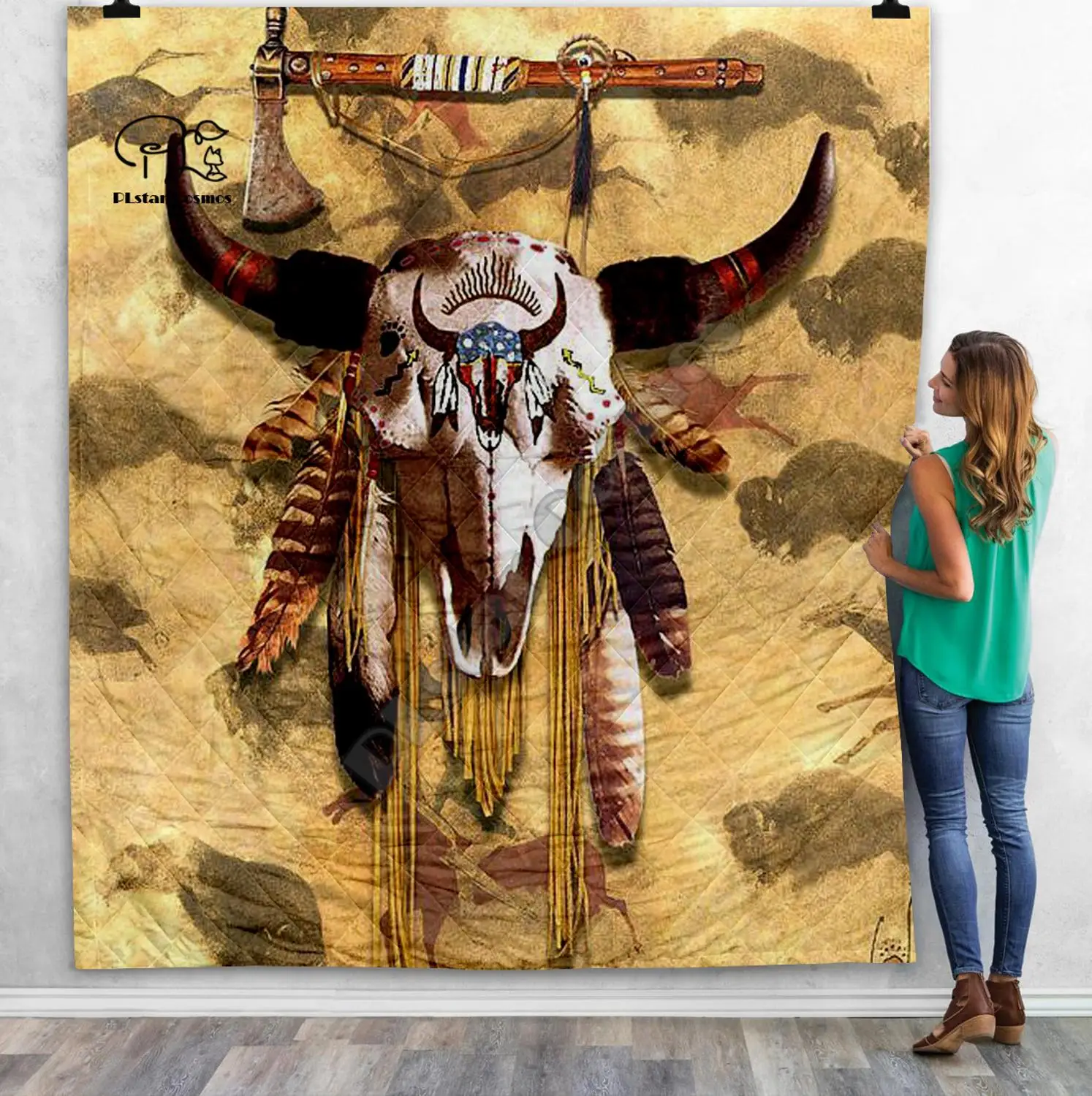 Черное Оригинальное индийское одеяло Lakota с черепом солдатиком буйвола 3D