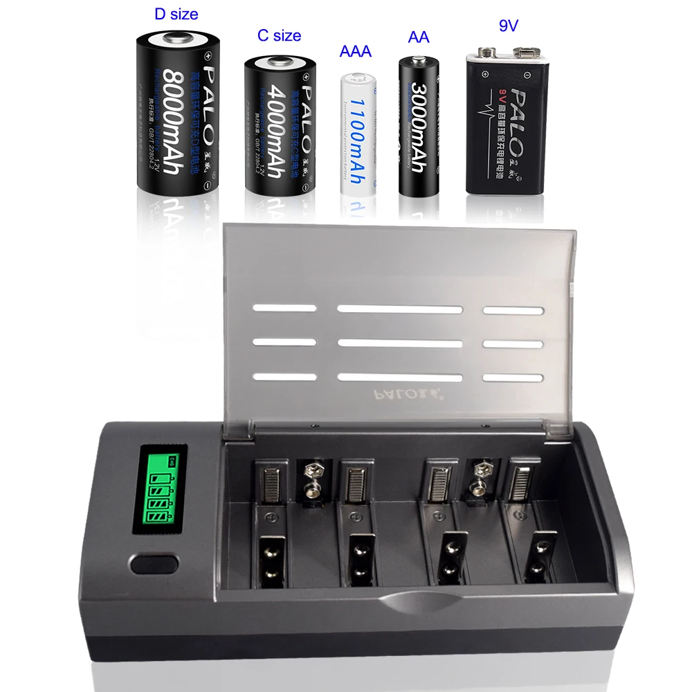 Battery Charger PALO Multi Usage 4 Slots LCD Display Battery Charger For Nimh Nicd 1.2V AA AAA C D Size or 9V Rechargeable Battery Quick Charger charger adapter battery charger battery charger adapter