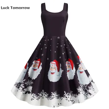 

Women Christmas Dress Snowfake Santa Print Vintage Pinup Elegant Party Dress Casual Plus Size 50s 60s Vestidos Robe Pull Femme