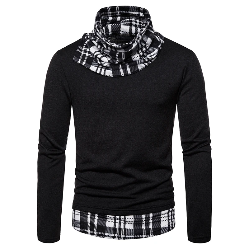 

2019 Autumn New Men's Knitted Sweater Casual Patchwork Jacket Solid Color Plaid Turtleneck Collar Pullover Men's Knitted Sweater