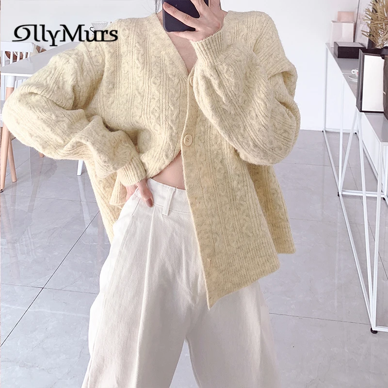 

V-Neck Thicken Cardigans KM017 Solid Cotton Women's Jumpers Chic Long Sleeve Knitting Sweaters 2020 Fall Female Sweater Tops