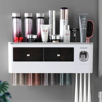 

Multifunction Magnetic Toothbrush Holder With Cups Bathroom Accessories Set Automatic Toothpaste Dispenser Squeezer Storage Rack