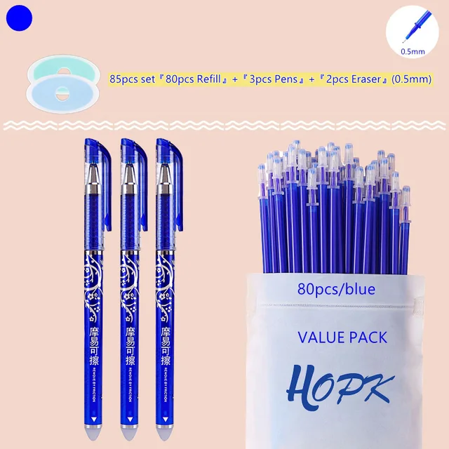 85Pcs/Set Blue Black Ink Gel Pen 0.5mm Erasable Refill Rod Erasable Pen Washable Handle School Writing Kawaii Stationery Gel Pen 0.5mm Blue set C