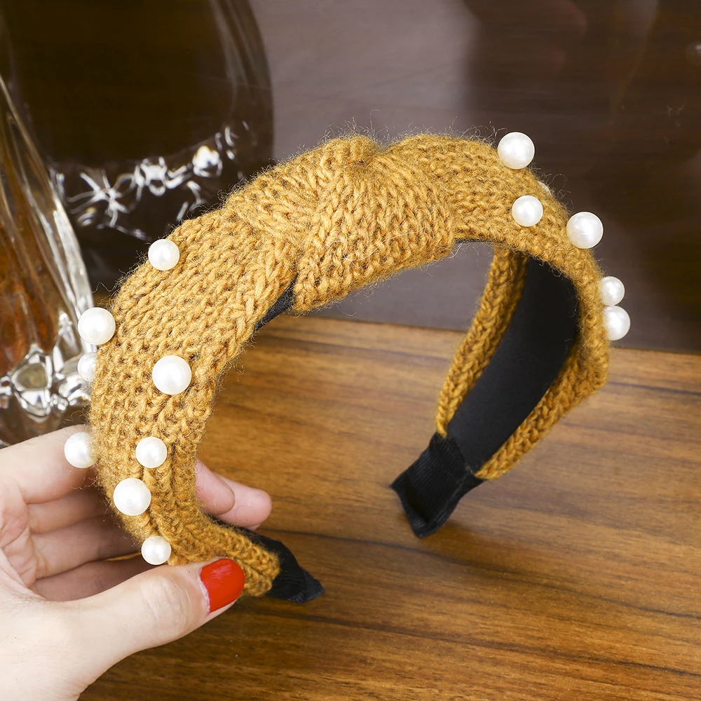 Levao Knotted Pearl Knit Hair Band for Winter Women's 6 colors Headband Fashion Hair Band Wide-brimmed Bezel Hair Accessories - Цвет: Золотой