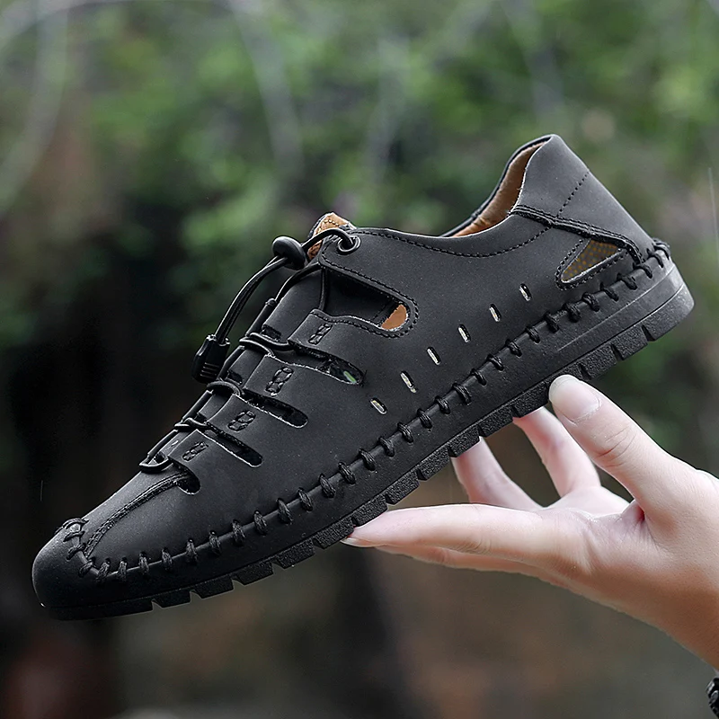 

SUOVEKGO Genuine Leather Breathable Elastic Tie Men's Fishershoes Easy Loafer Lazy Flat Shoes Casual Shoes Large Size EUR 48