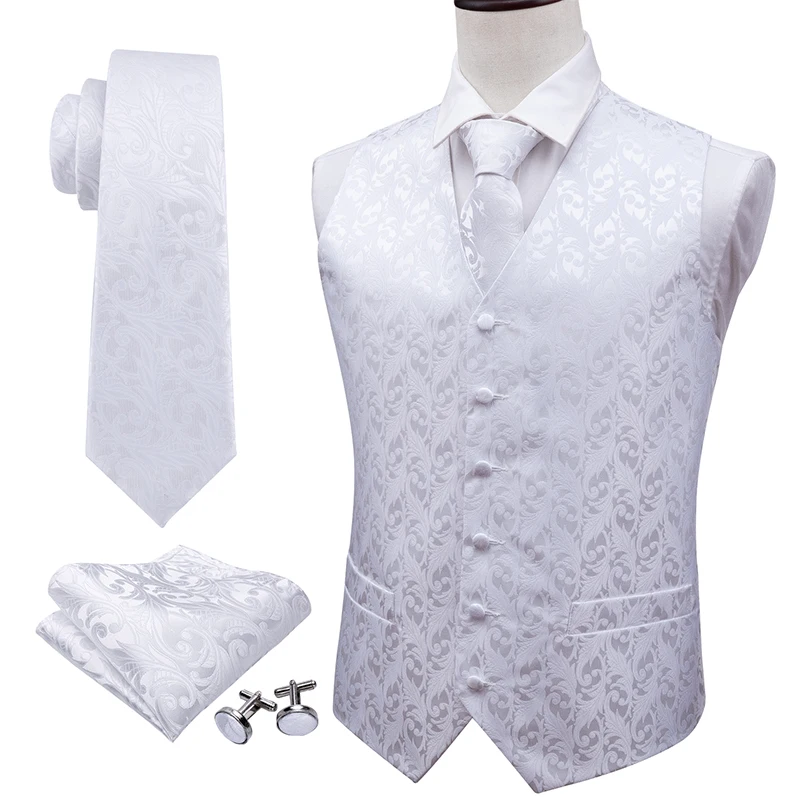 Buena Compra Chaleco de traje de Blanco sólido para hombre, chaleco de seda, corbata de Cachemira Formal, conjunto de gemelos de bolsillo a cuadros para esmoquin, regalo para hombre, Barry.Wang MJ-2002 6MRkMdyp