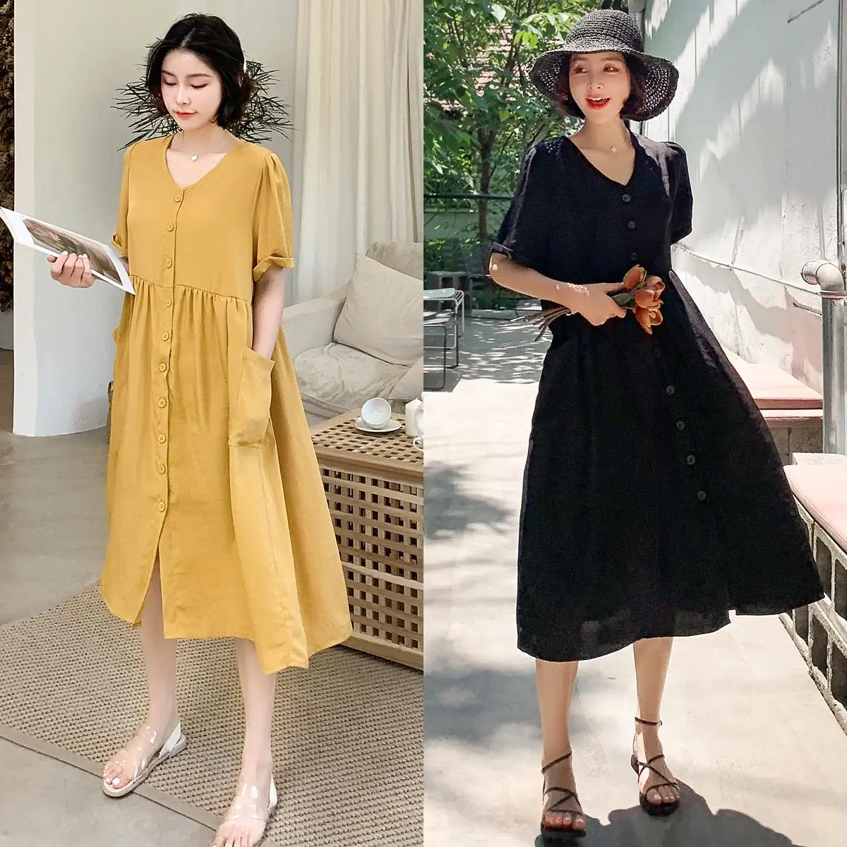 

Casual Loose Women Summer Dresses Yellow Black Front Buttons Ladies Dress v Neck Pocket Long Midi Dress Robe Femme