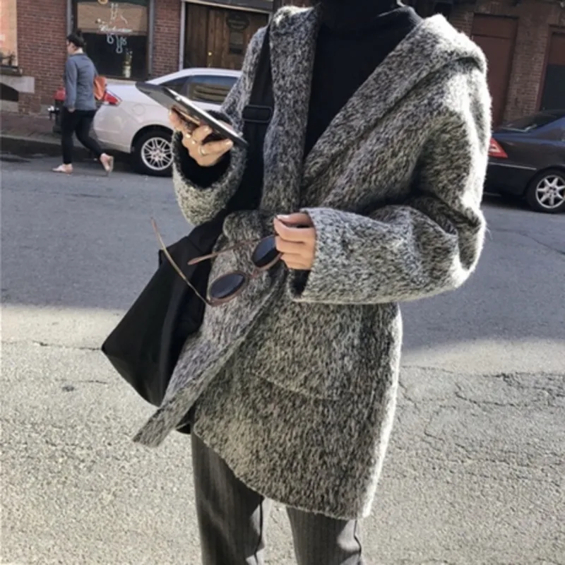 Модное осеннее и зимнее Новое повседневное модное женское свободное однотонное двухстороннее шерстяное пальто с капюшоном и поясом TC779