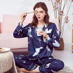 Animals Printed Soft Sleepwear Lady Pajamas Imitation Silk Simple Style Pajamas Women's Pajamas Set Long-sleeve Trousers