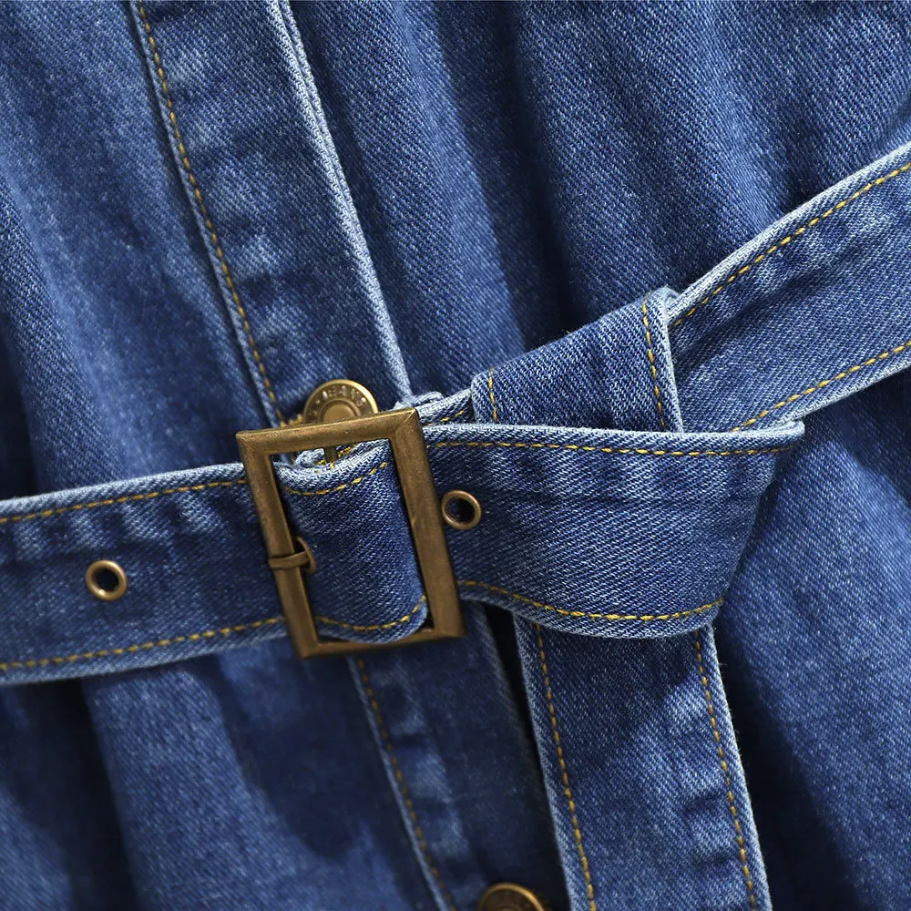 autumn winter plus size denim dress for women large loose casual long sleeves lapel dresses belt blue 3XL 4XL 5XL 6XL 7XL