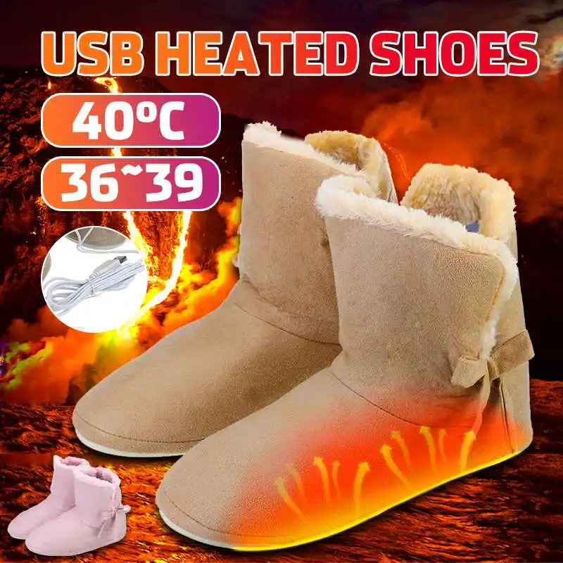 Electric Heated Shoes Comfortable Plush Foot Warmer Washable USB Charging 