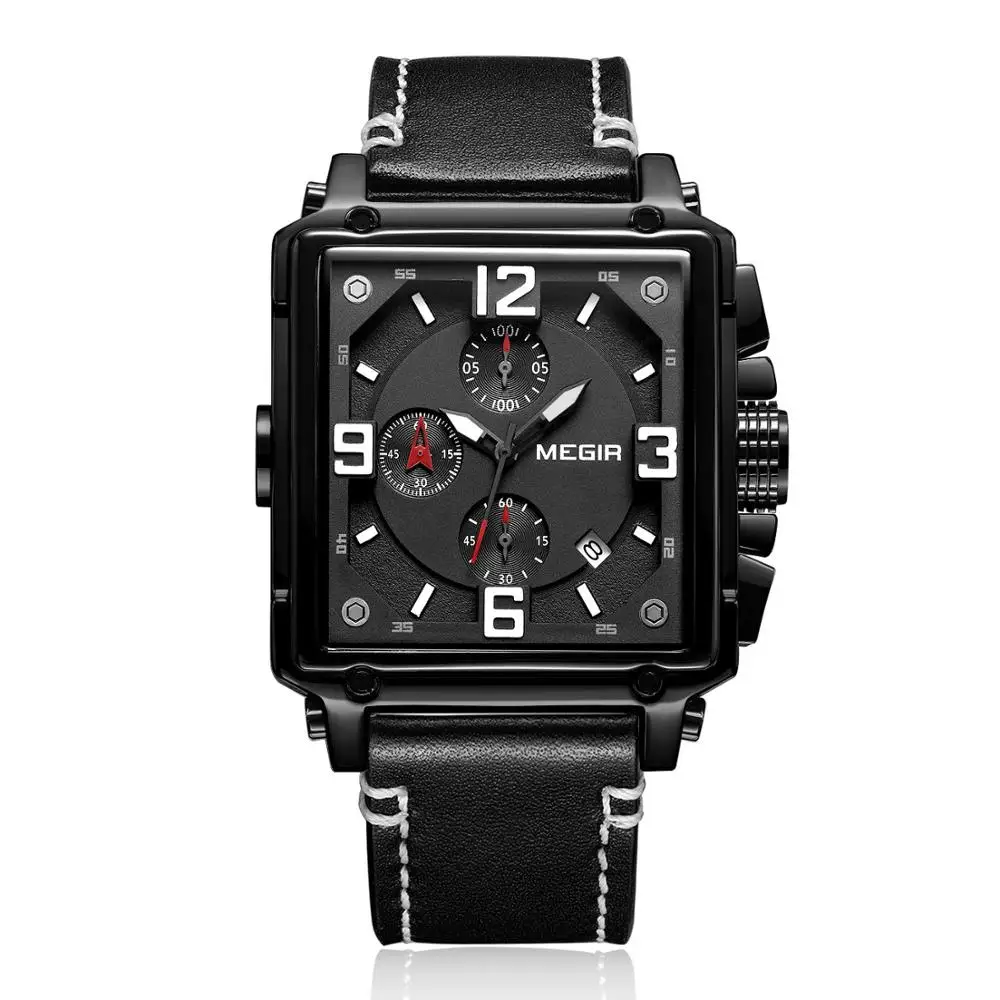 

MEGIR Black watch Retro fashion square multi-function calendar leather men's quartz watch 2061 reloj mujer