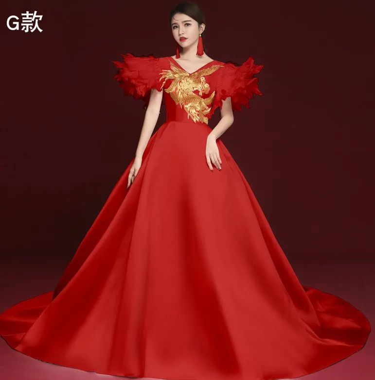 Вышитые вечерние платья для женщин Qipao длинные Феникс Русалка Cheongsams красный современный со шлейфом китайский роскошный свадебное платье - Цвет: G